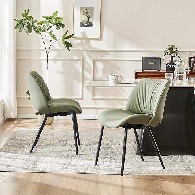 Rowill Olive Green Dining Chairs Set of 2, Upholstered Dining Room Chairs with Hollow Back, Faux Leather Kitchen Chairs for Dining, Mid Century Modern Dining Chair with Curved Seat