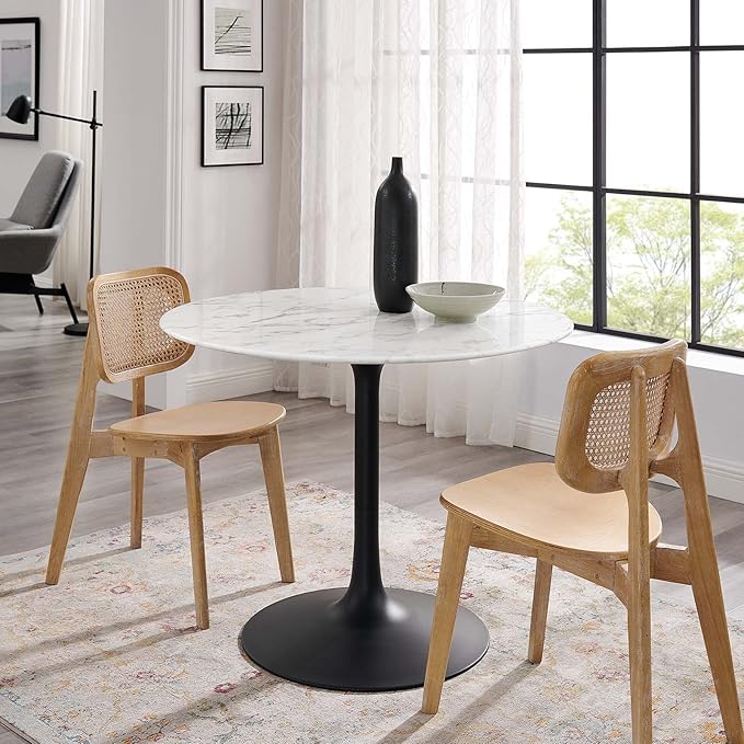 Modway Lippa Mid-Century Modern 40" Round Artificial Marble Dining Table in Black White