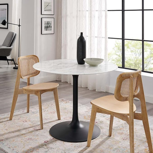 Modway Lippa Mid-Century Modern 40" Round Artificial Marble Dining Table in Black White
