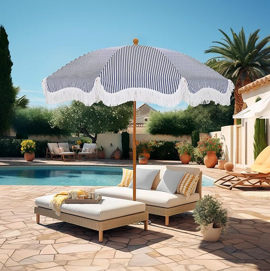 HERA'S PALACE 7ft Heavy Duty Beach Umbrella with Sand Anchor, Fringe Umbrella for Sand, UV 50+, Patio Umbrella with Tilt Pole for Garden Pool Backyard