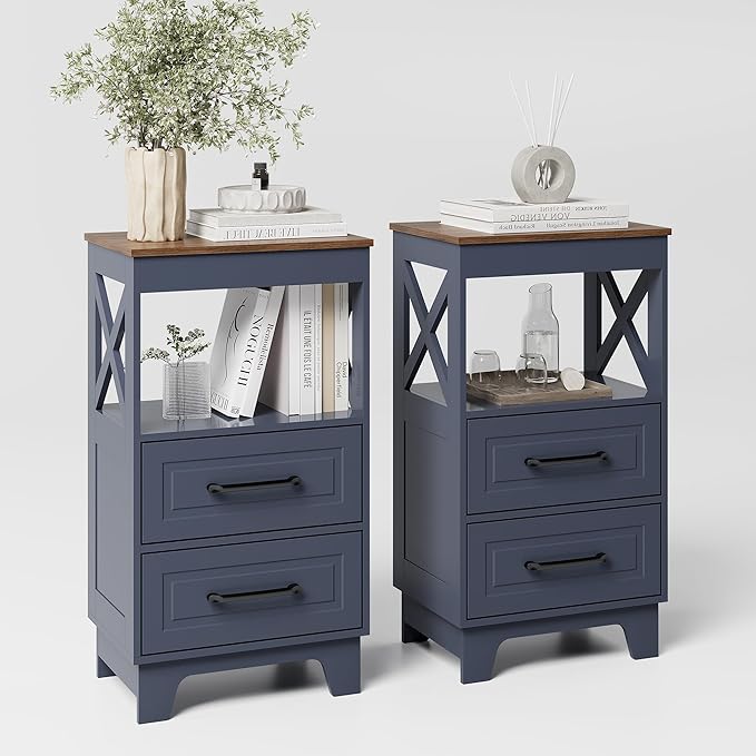 Tall Nightstand Set of 2 Side Table with 2 Drawers Modern Night Stand Wooden Rustic End Table Bedside Table with Upper Open Shelf Solid Feet for Bedroom Navy Blue+Walnut
