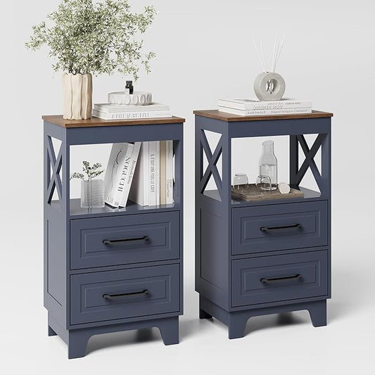 Tall Nightstand Set of 2 Side Table with 2 Drawers Modern Night Stand Wooden Rustic End Table Bedside Table with Upper Open Shelf Solid Feet for Bedroom Navy Blue+Walnut