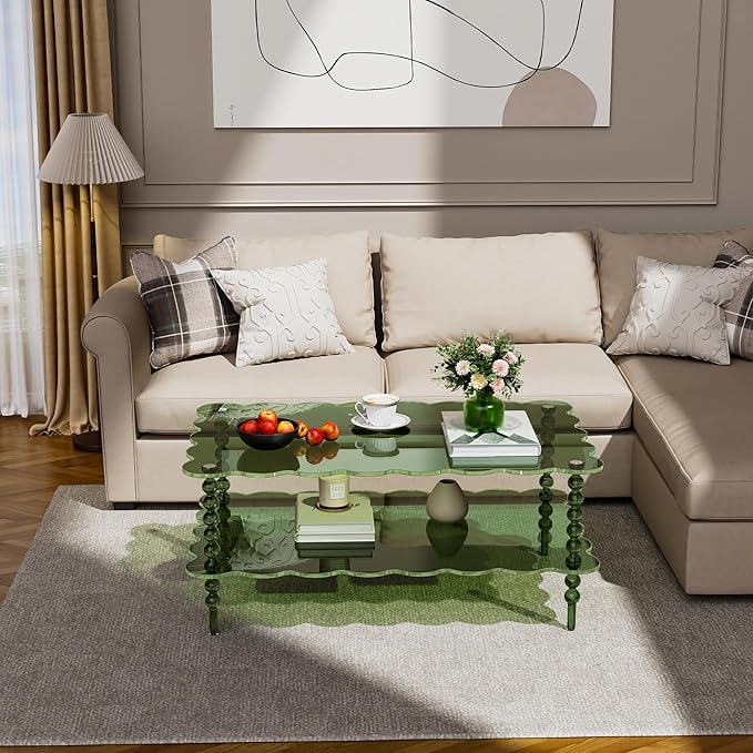 Acrylic Coffee Table, 2-Tier Living Room Table with Storage, Center Table Mid-Modern Century for Living Room, Easy to Assemble (Green, 37.8“×23.6“×15.7”)