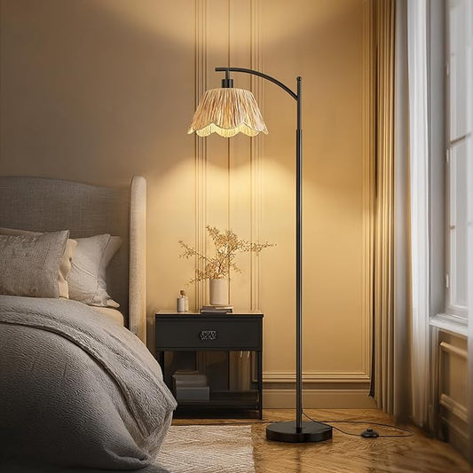 Oneach Boho Rattan Floor Lamp for Living Room, Farmhouse Standing Lamp with Hand-Woven Shade, Black Metal Base & Pole, Foot Switch - Corner Reading Lamp for Bedroom