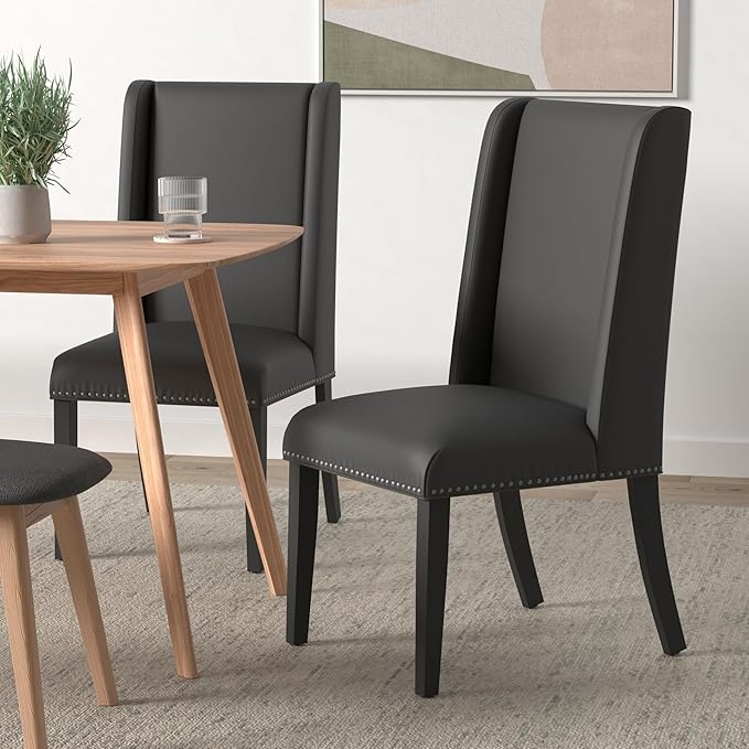 Modway Baron Modern Tall Back Wood Faux Leather Upholstered Parsons Four Kitchen and Dining Room Chairs with Nailhead Trim in Black