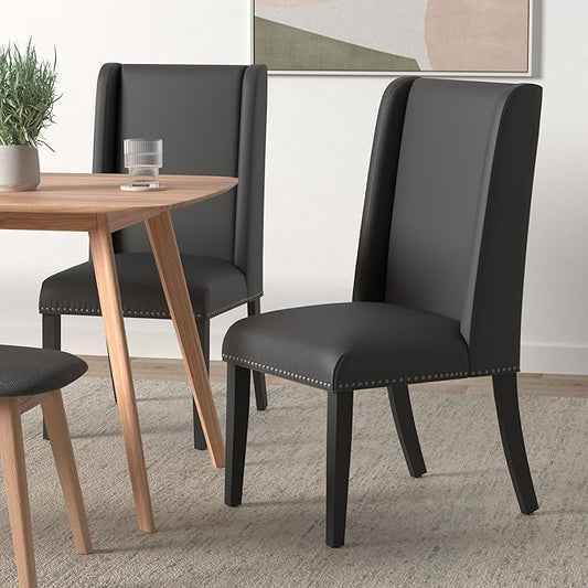 Modway Baron Modern Tall Back Wood Faux Leather Upholstered Parsons Four Kitchen and Dining Room Chairs with Nailhead Trim in Black