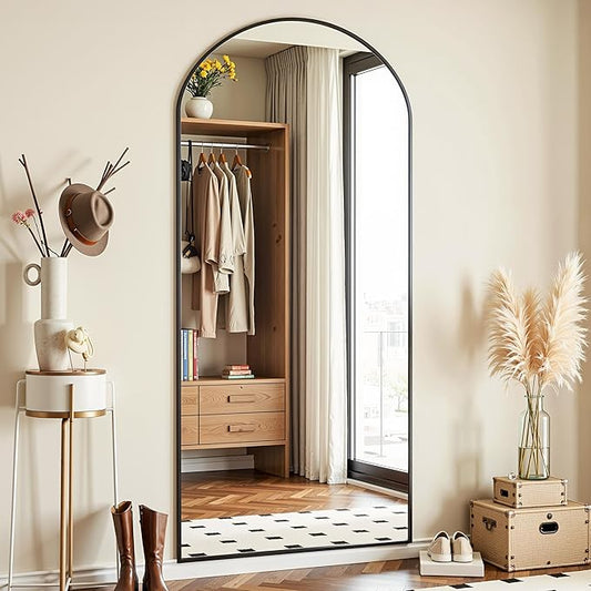 Full Length Mirror, 64"x21" Arched Full Body Mirror, Floor Mirrors with Stand, Standing Hanging Leaning Against Wall,Aluminum Frame Mirrors for Bedroom Cloakroom,Living Room,Black