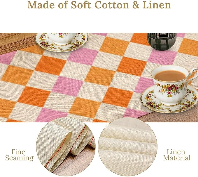 Retro 70s Hippie Table Runner Geometric Square Grid Yellow Orange Pink 1960s 1970s Vintage Country Farmhouse Dinner Runner for Living Room Kitchen Party Holiday 13x108in