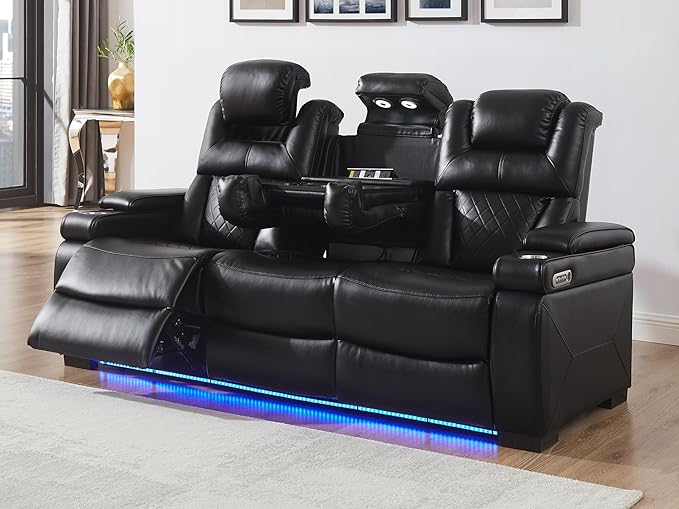 THSUPER Power Breathable Leather Reclining Sofa with 7-Color LED Light, Living Room Recliner Couch with Adjustable Headrest/Reading Light/USB Port/Storage Arm/Drop Down Table for Living Room, Black