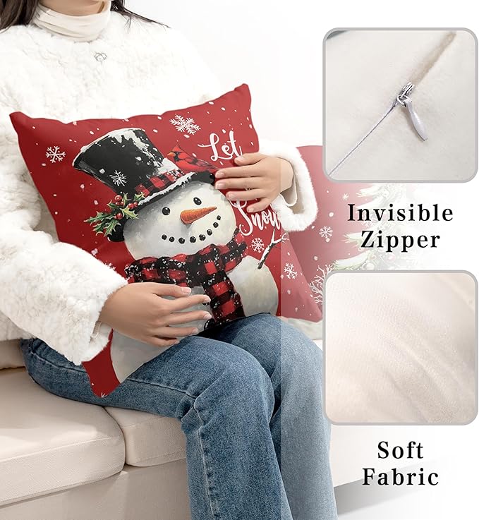 Red Christmas Pillow Covers Snowman Throw Pillow Covers Xmas Tree Pillow Case 18x18 Winter Snowflakes Cotton Blend Cushion Case for Holiday Decor Couch Sofa 2 Pack