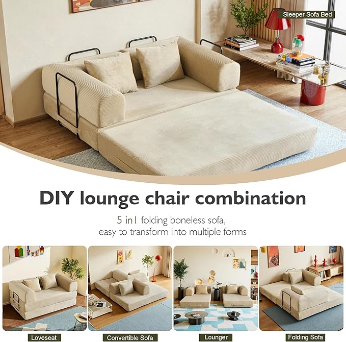59in Convertible Sofa Bed, Corduroy Boneless Couch Bed, Futon Sleeper Sofa Pull Out Bed, Foldable Couch for Living Room Apartment, No Assembly Required
