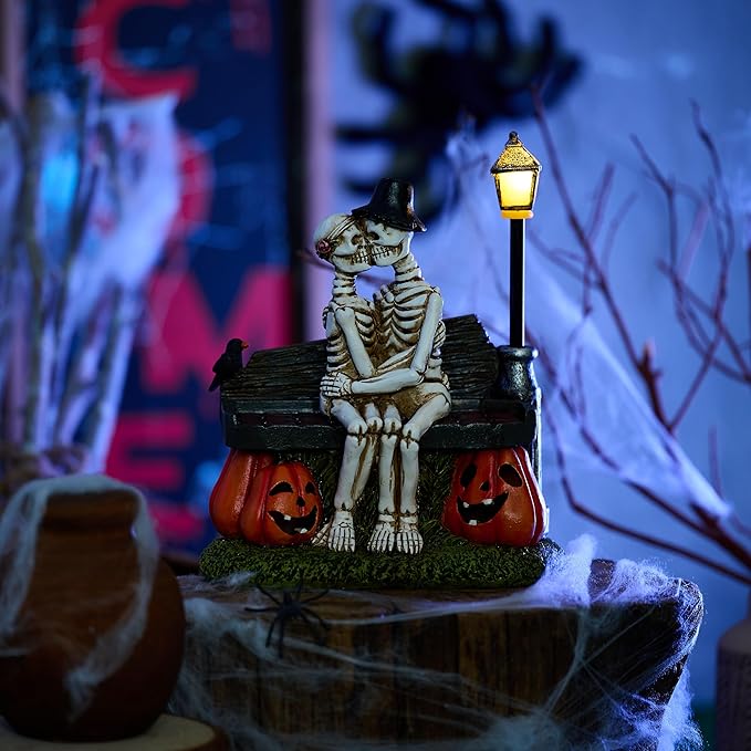 TERESA'S COLLECTIONS Halloween Decorations, Love Never Dies, Skeleton Decor, Couple Kissing Skeletons and Solar Light, 10", Waterproof Resin Halloween Decor, Skeleton Gifts Indoor/Outdoor