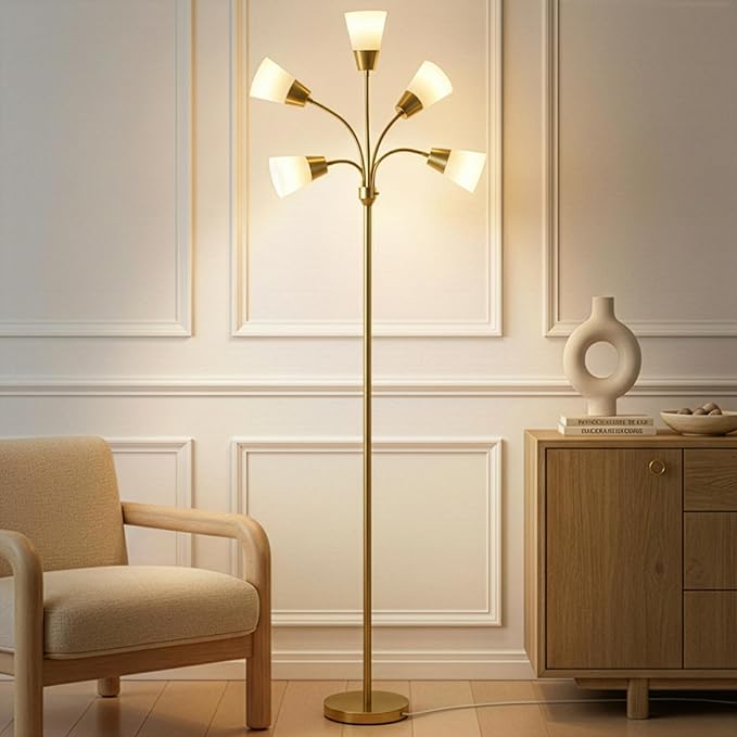 Brightech Medusa Modern LED Floor Lamp – Multi Head Floor Lamp for Living Rooms & Offices – Tall Lamp with Interchangeable Shade, Standing Lamp with 5 LED Bulbs for Hobbies - Brass