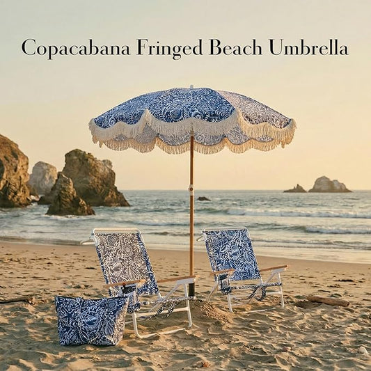 6FT Fringe Beach Umbrella for Sand, Boho Coastal Patio Umbrella with Tassels, UPF 50+ Sun Protection, Tilt, Carry Bag for Beach Vacation & Pool, Reef Indigo