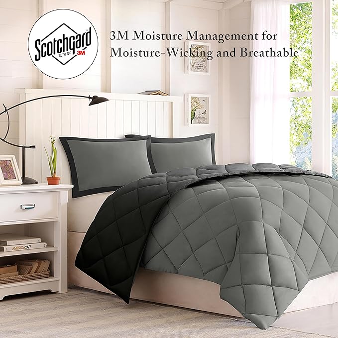 Madison Park Comforter Set, Reversible Down Alternative All Season Microfiber Bedding, 3M Scotchgard Stain Release, Full/Queen Dorm Comforter, Black/Grey