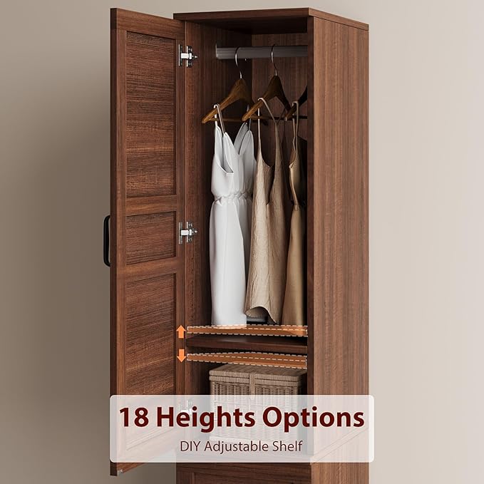 GarveeHome Armoire Wardrobe Closet with 2 Doors, Wooden Wardrobe Cabinet with Hanging Rod, 72 in Narrow Tall Clothing Armoire Cabinet with 18 Adjustable Shelves for Clothes, Bedroom, Walnut
