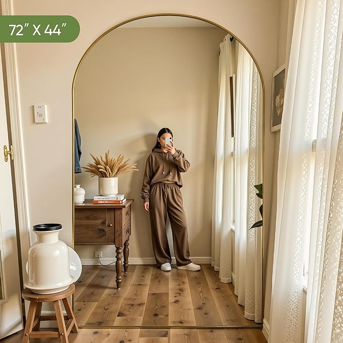Full Length Mirror, 72"x44" Arched Full Body Mirror, Floor Mirrors with Stand, Body Mirrors Standing Hanging Leaning Against Wall,Aluminum Frame Mirrors for Bedroom Cloakroom,Living Room,Gold