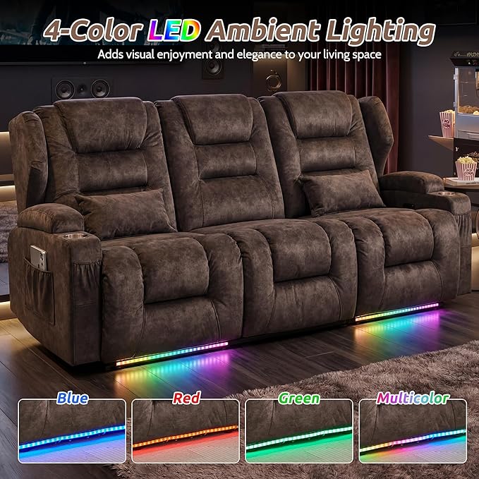 SAMERY Power Loveseat Recliner Sofa, Wall Hugger Reclining Loveseat Sofa, Movie Home Theater Seating with Flip-Backrest, Solid Wood Top, Ambient LED Lights, USB-C, Outlets, Velvet, Chestnut | Extra Wide Seat, Plush Padding, Dual Power Recline, Flip-Dow...