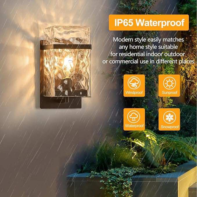 Brown Outdoor Wall Sconce, Waterproof Exterior Light Fixture, Porch Wall Mount Lighting with E26 Sockets & Glass Shades, for Garage,Doorway,Patio,Front Doo