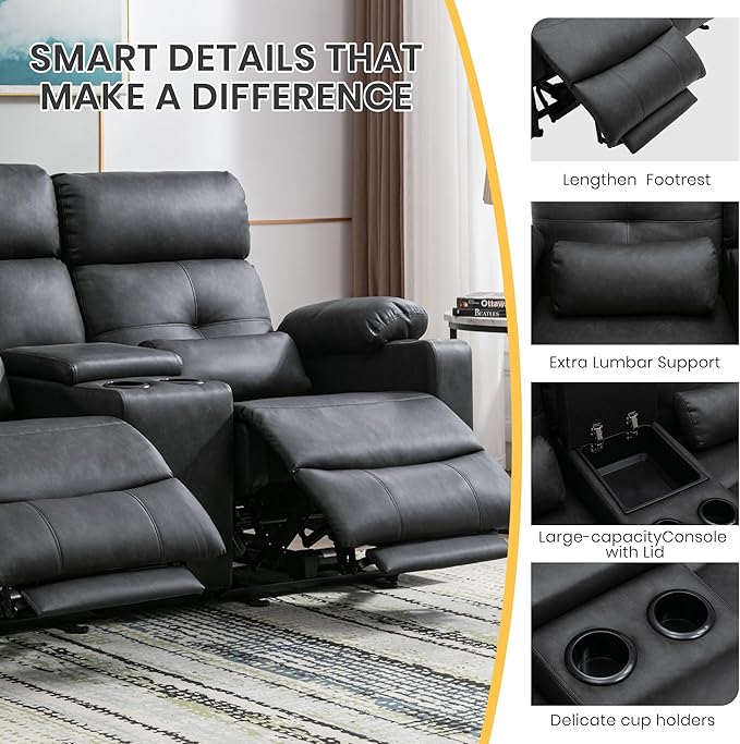 GUEAPY 68" Power Reclining Loveseat with Heat & Massage, Wall Hugger Double Reclining Sofa with Console, Cup Holders & Storage, Power Recliner Couch for Camper, Trailer, RV, Home Theater Living Room