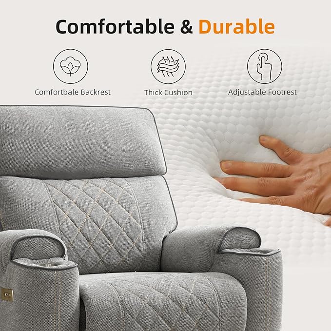 EBELLO Power Recliner Chair, Electric Fabric Reclining Sofa with Cup Holders, USB Charging Ports, for Living Room, Bedroom and Meeting Room, Light Grey