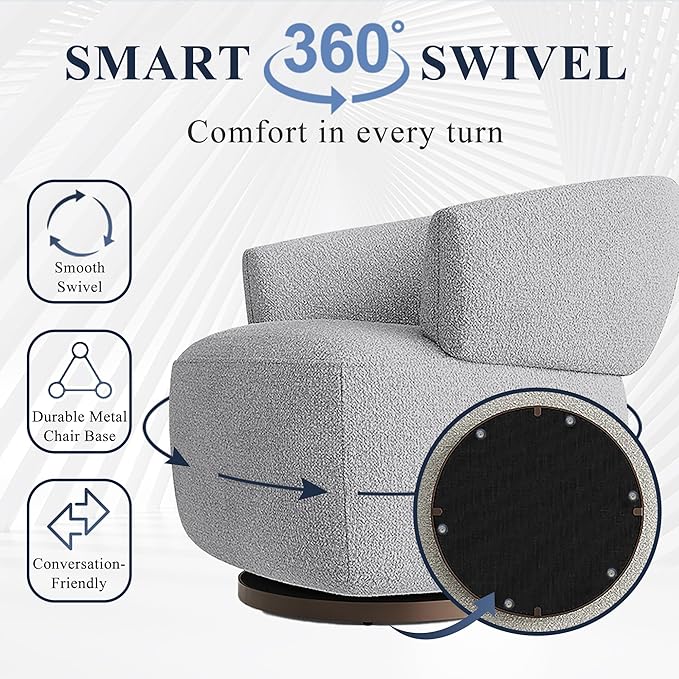 Swivel Barrel Chair, Oversized Accent Chair for Living Room，Lounge Sofa Chair with 360-Degree Base, Upholstered Reading Chair, Modern Round Club Chair for Bedroom, Office, Grey