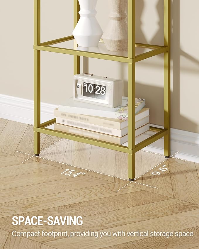 Bookshelf, Tall Narrow Bookcase with LED Lights, Tempered Glass Bookshelves with Steel Frame, Display Shelf, Slim Shelving Unit for Living Room, Bedroom, 9.6"D x 15.4"W x 55.9"H Gold BC34599G