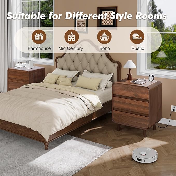 3 Drawer Dresser, Mid Century Modern Bedroom Dresser with Charger Station, Small Wooden Bed Side Table, Curved Beveled Design, Walnut