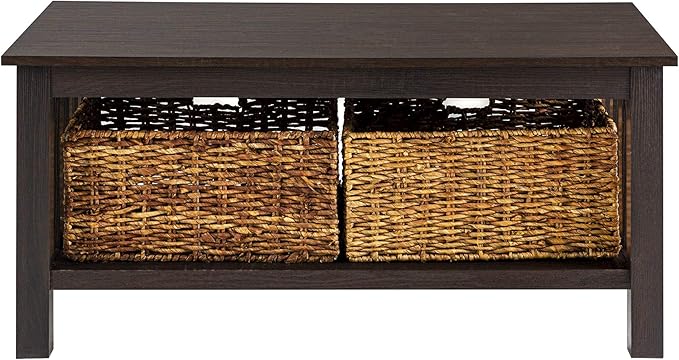 Walker Edison Alayna Mission Style Two Tier Coffee Table with Rattan Storage Baskets, 40 Inch, Espresso