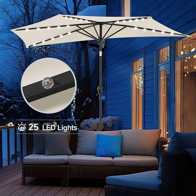 9FT Solar Half Umbrellas Outdoor - LED Half Patio Umbrella with 25 Lights, UV Protection Waterprool, Half Round Umbrella for Wall Balcony, Pool, Porch, Garden, Deck, Backyard, Ivory