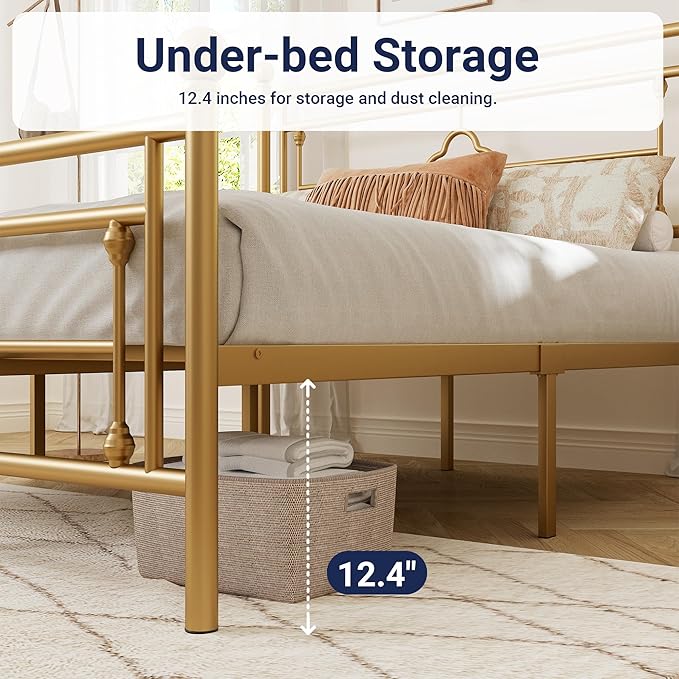Allewie Queen Size Metal Platform Bed Frame with Victorian Vintage Headboard and Footboard/Mattress Foundation/Under Bed Storage/No Box Spring Needed/Noise-Free/Easy Assembly, Gold
