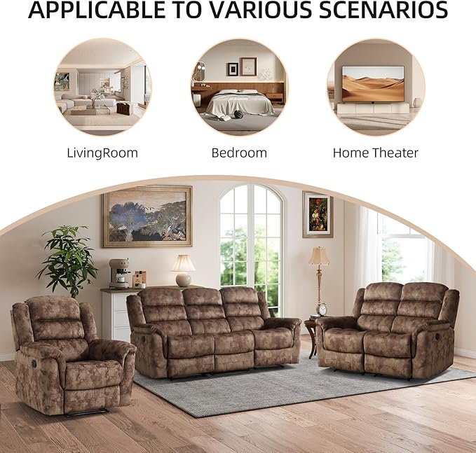 EBELLO 3 Pieces Reclining Living Room Set, Overstuffed Soft Fabric Manual Recliner, Loveseat Recliner and Bonded 3 Seat Reclining Couch Set for Living Room, Brown