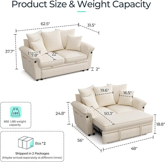 LINSY HOME Sectional Loveseat Sofa with Pull Out Chaise (Beige, 62.5'') | USB Charging, Pillow-style Armrest, Multiple Cushions, Side Storage Pockets, Corduroy Fabric