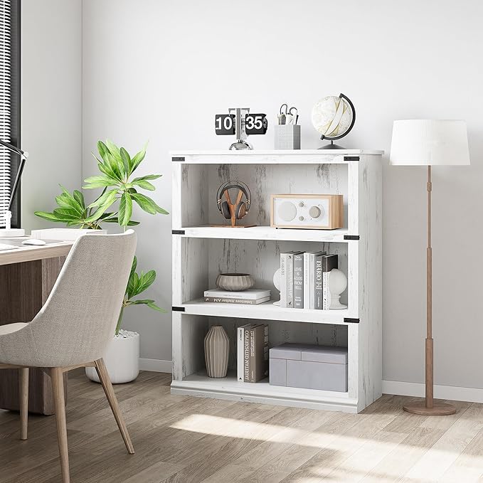 GarveeHome 3 Tier Farmhouse Bookcase, 39.9 in Tall Book Shelf with Storage, Wooden Bookshelves 3 Shelf Display Shelvesfor Home Office, Living Room, Bed Room (White, 39.9 in H x 31.5 in W x 12.8 in D)