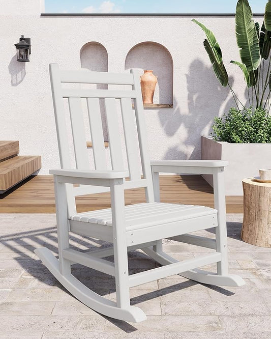 GarveeLife Poly Lumber Rocking Chair Outdoor - HDPE High Back Porch Rocker Chairs for Adults - All Weather Resistant Furniture for Patio - White