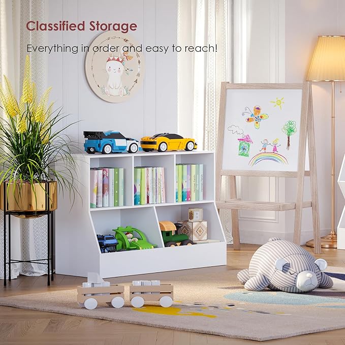 DINZI LVJ Toy Storage Organizer, Kids Bookshelf, Wood Toy Storage Cabinet, 5 Cubby Children Bookcase, 43.3" L Toddler Book Shelf for Playroom, Living Room, Nursery, Hallway, School, White