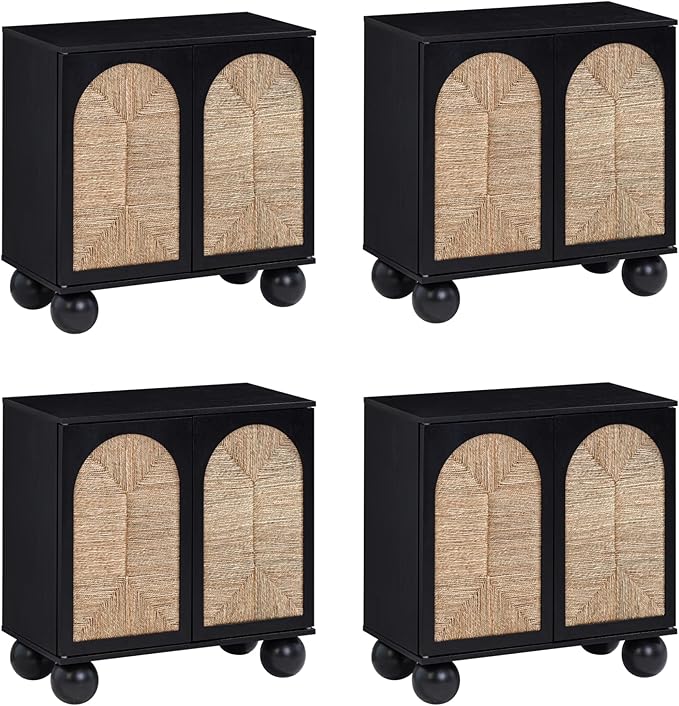 Nathan James Leah Boho TV Stand or Sideboard Cabinet for Kitchen or Living Room with Ball-Style Feet, Natural Seagrass Door Fronts and Solid Wood Legs, Black Set of 4