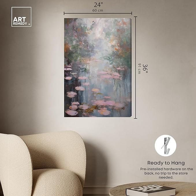 Art Remedy Pink Impressionisty Lilypads Gallery Wrapped Impressionism 1 Piece Canvas Wall Art/Monet And Van Gogh Inspired Art, 24" x 36", Gallery Wrapped