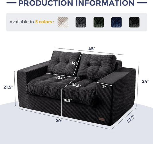 MAXYOYO Loveseat Sofa Couch, Upholstered Bean Bag Chair Cloud 2-Seat for Adults, Boneless Couch with Tufted Cushion & Pillows, Sofa in A Box, No Assembly Required, Black
