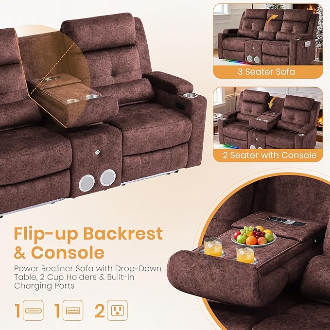 Power Reclining Loveseat with Flip Backrest, Power Loveseat Recliner Sofa with LED Lights, Bluetooth Speaker, 3-Seater Recliner Sofa with Arm/Seat Storage (Brown, Loveseat with Console)