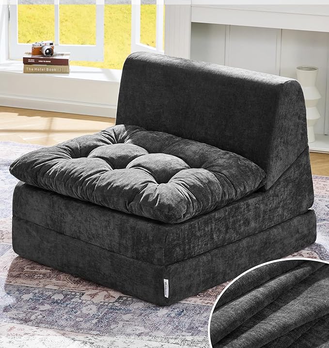 Hobestluk Sofa Couch Folding Sofa Bed Comfy Floor Lounger Convertible Sofa with Removable Cushion Couches for Small Spaces Foldable Mattress for Living Room Bedroom or Office (Chenille Grey, Large)