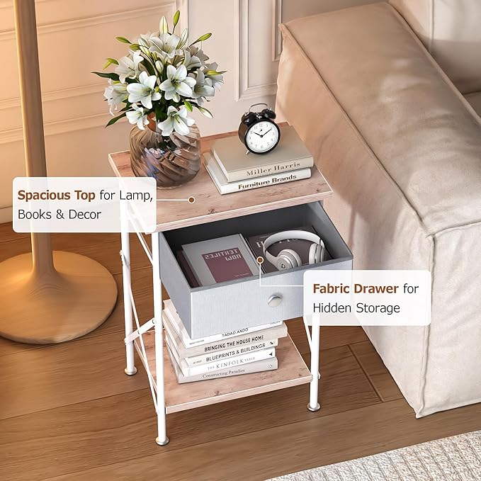 VECELO Night Stand, Small End Table for Small Spaces, Wood Side Table for Living Room, Bedside Table with Drawer for Bedroom, Easy Assembly, Light Brown