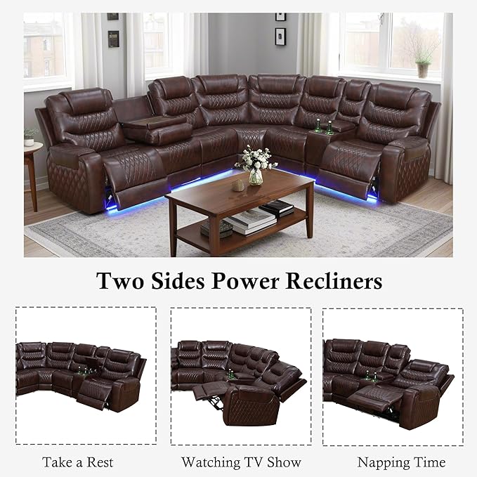 Power Recliner Sectional Sofa with LED, Breathing Leather Reclining Sectional Couch, L Shaped Couch with Dual Recliners, USB Port, Cup Holder&Storage for Living Room (Dark Red)