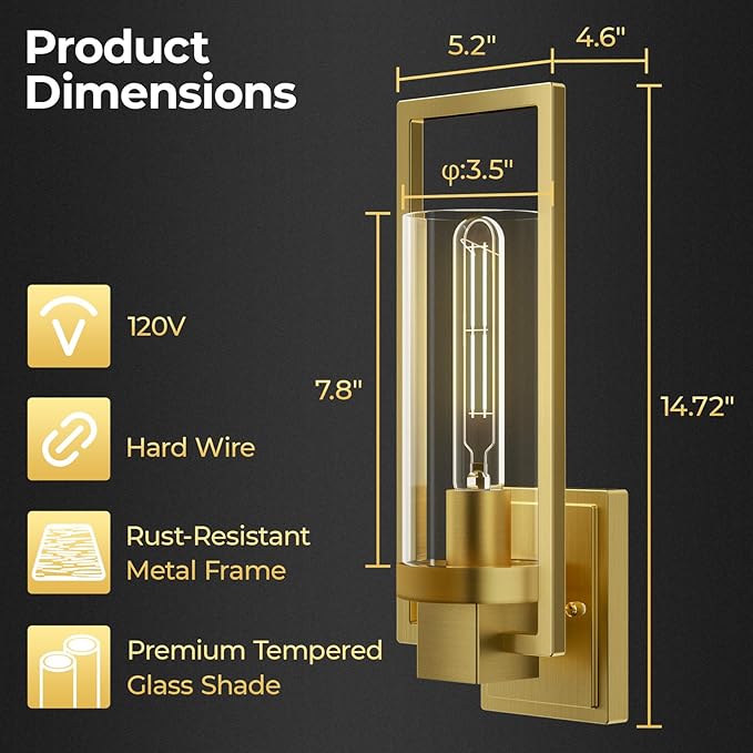 CINOTON Golden Wall Sconces Set of 2, 15" Brushed Gold Wall Mounted Lamp, Hardwired AC 120V Wall Sconces Vintage Vanity Light Fixtures with Clear Glass, Wall Lights for Living Room, Hallway, Bedroom
