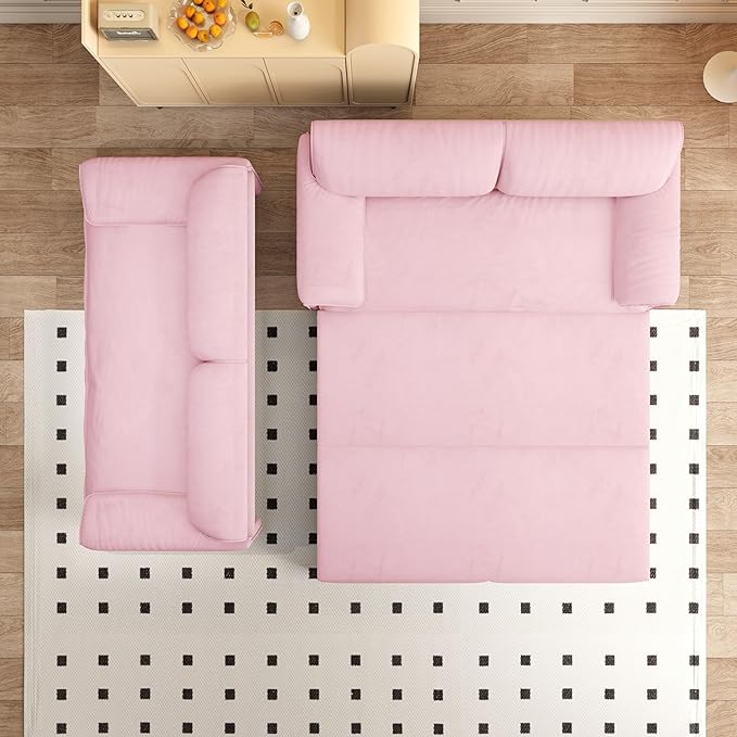 Ball & Cast 63.8" Convertible Sleeper Sofa,3-in-1 Queen Pull Out Couch with Side Pockets,Multi-Functional Velvet Loveseat Bed for Living Room,Bedroom,Apartment,Office,Pink
