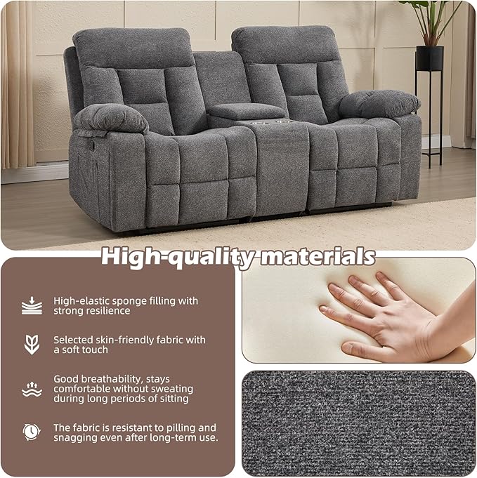 CANMOV Loveseat Recliner, Manual Recliner Sofa Chair for Living Room, Reclining Sofa with Storage Console,Hidden Cup Holders, 2 Seat, Grey