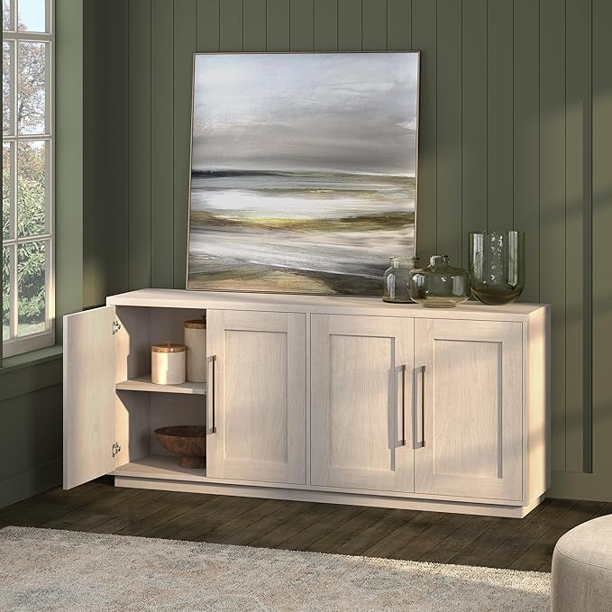 Henn&Hart 68" Sideboard Buffet Cabinet, Modern Credenza with 4 Panel Doors, Adjustable Shelves, and Cable Management Cut-Outs for Dining Room, Kitchen, Living Room or Entryway, Beech White