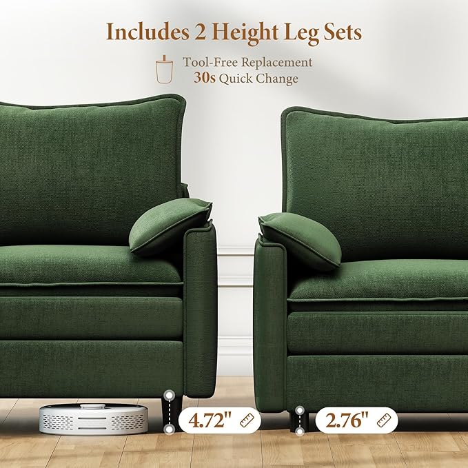 Vesgantti 101" V-Shaped Corner Couch Sectional, 7 Seat Customizable Modular Cloud Couches with Movable Ottoman, Chenille Deep Seat Sofa Set with Chaise for Living Room, Bedroom and Apartment, Green | Sink-in Comfort, Height Adjustable, Easy Rearrangeme...
