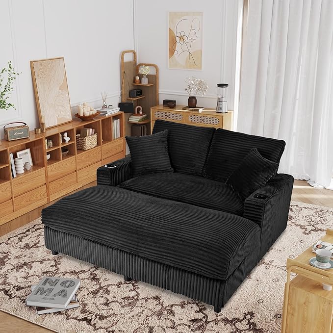 Eafurn 64" Oversized Chaise Lounge Chair Indoor, Plush Corduroy Upholstered Sofa Bed with Pillows & 2 Cup Holders, Extra Wide Deep Seat Sleeper Couch Recliner Chair for Living Room | Removable Cushions, Wooden Frame, Solid Legs