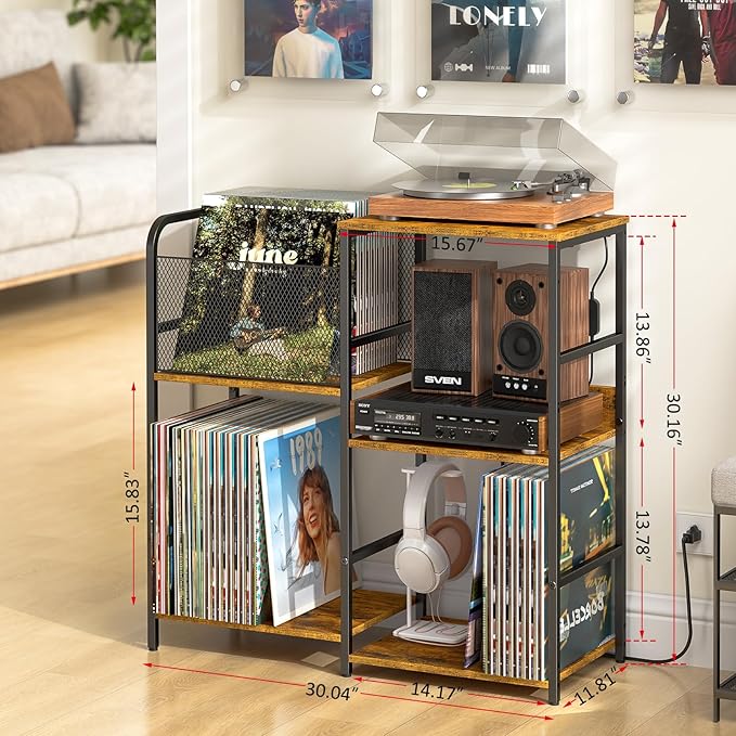 Record Player Stand with Power Outlets, Turntable Stand with Vinyl Storage Holds up to 300+ Albums, Storage Cabinet for Vinyl Records, Record Player Table with LED Light for Living Room